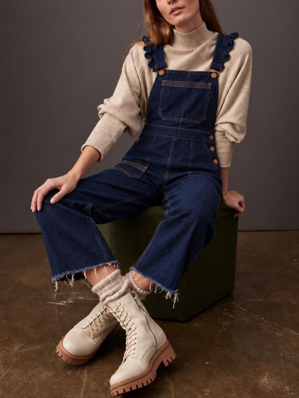 Anthropologie Seventy + Mochi Ruffle Strap Dark Wash Elodie Frill Overalls